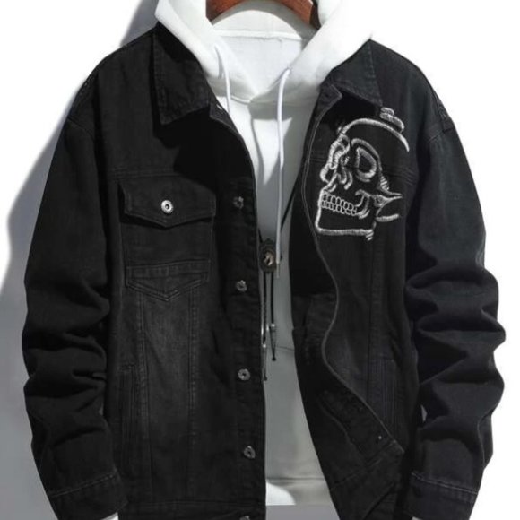 M💀 Embroidery Denim Jacket Biker Rock Skull ➡️Hoodie is not included - Picture 1 of 6